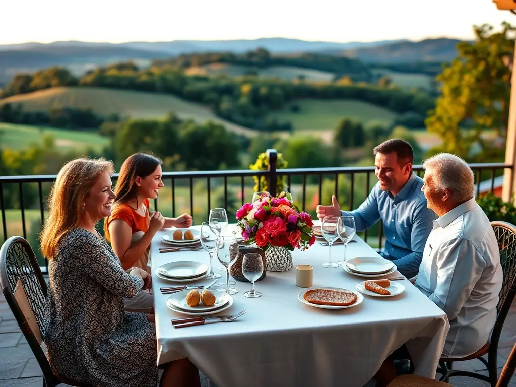 A serene image of a family enjoying a meal together on the patio of a rental property, showcasing the outdoor dining area and the beautiful Pennsylvania landscape in the background.