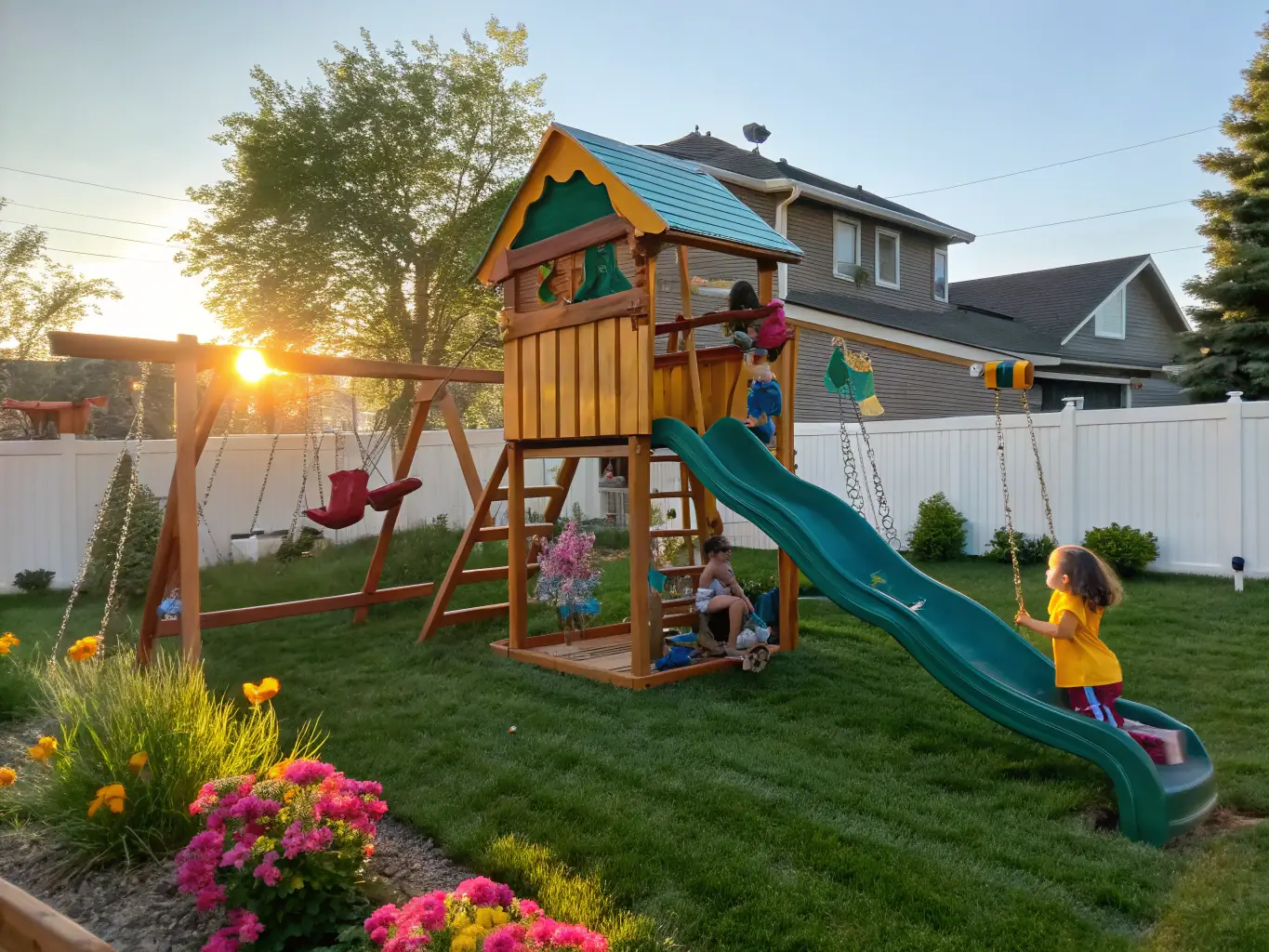An image of a rental property's backyard featuring a playground with swings, slides, and other kid-friendly equipment. The backyard is surrounded by lush greenery and a safe, enclosed fence.