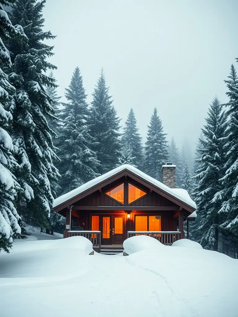 A cozy cabin interior with a fireplace, surrounded by snow-covered trees. The cabin is decorated with rustic furniture and warm lighting, creating a serene winter retreat.
