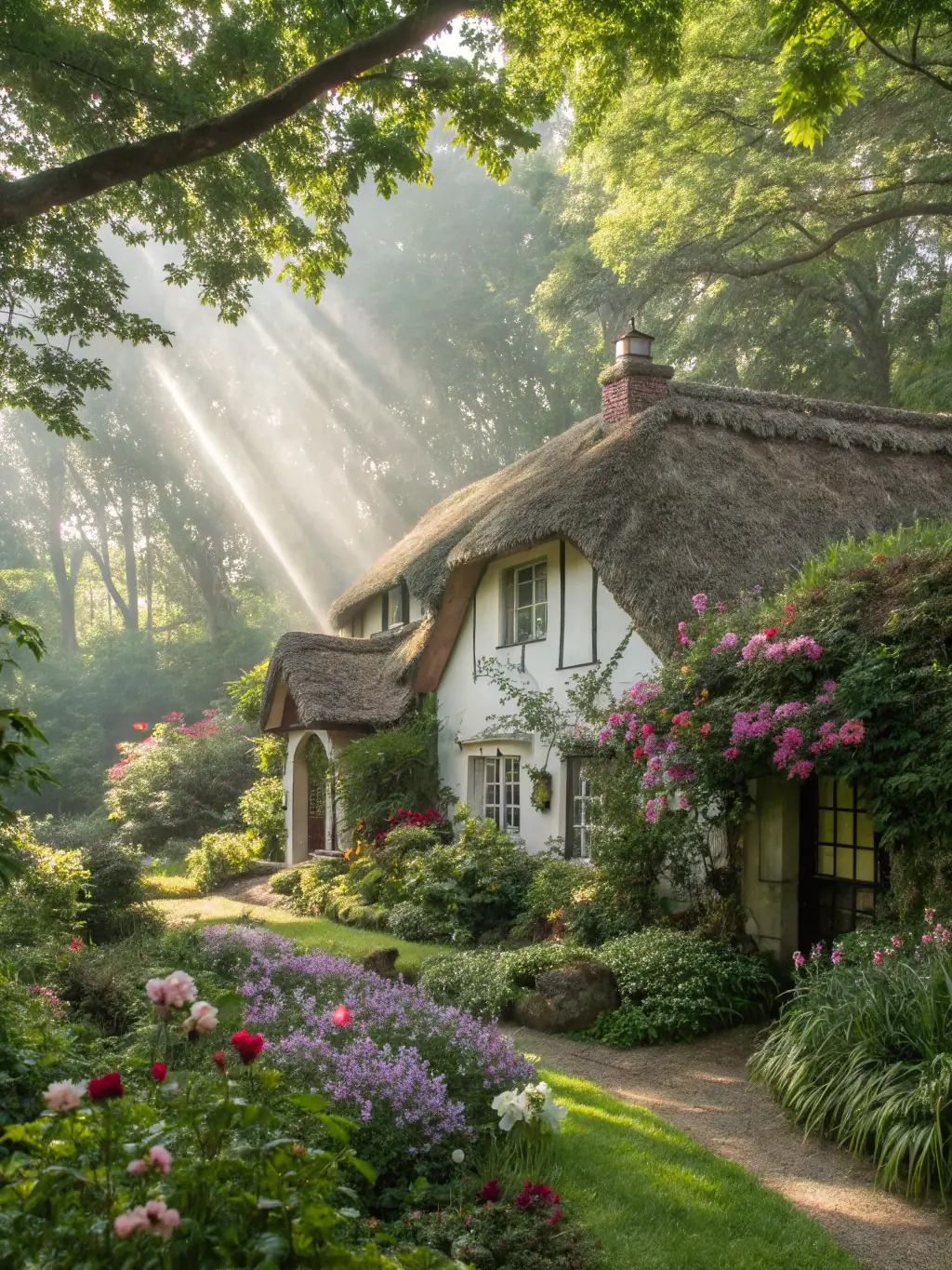 A charming countryside cottage with a garden, featuring a stone exterior and a cozy interior. The cottage is surrounded by green fields and trees, creating a peaceful rural escape.