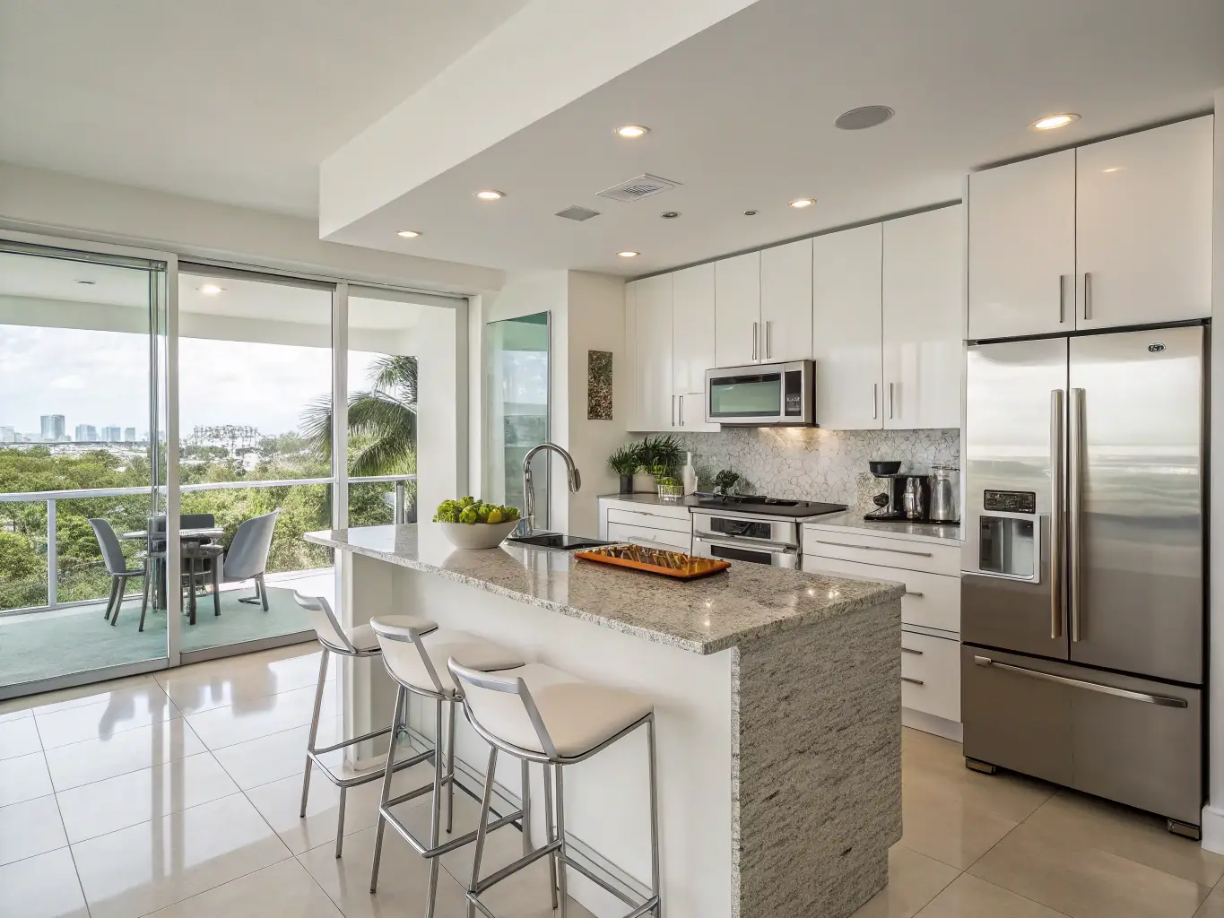 A gourmet kitchen with stainless steel appliances, granite countertops, and a breakfast bar, highlighting the modern amenities of a premium rental property.