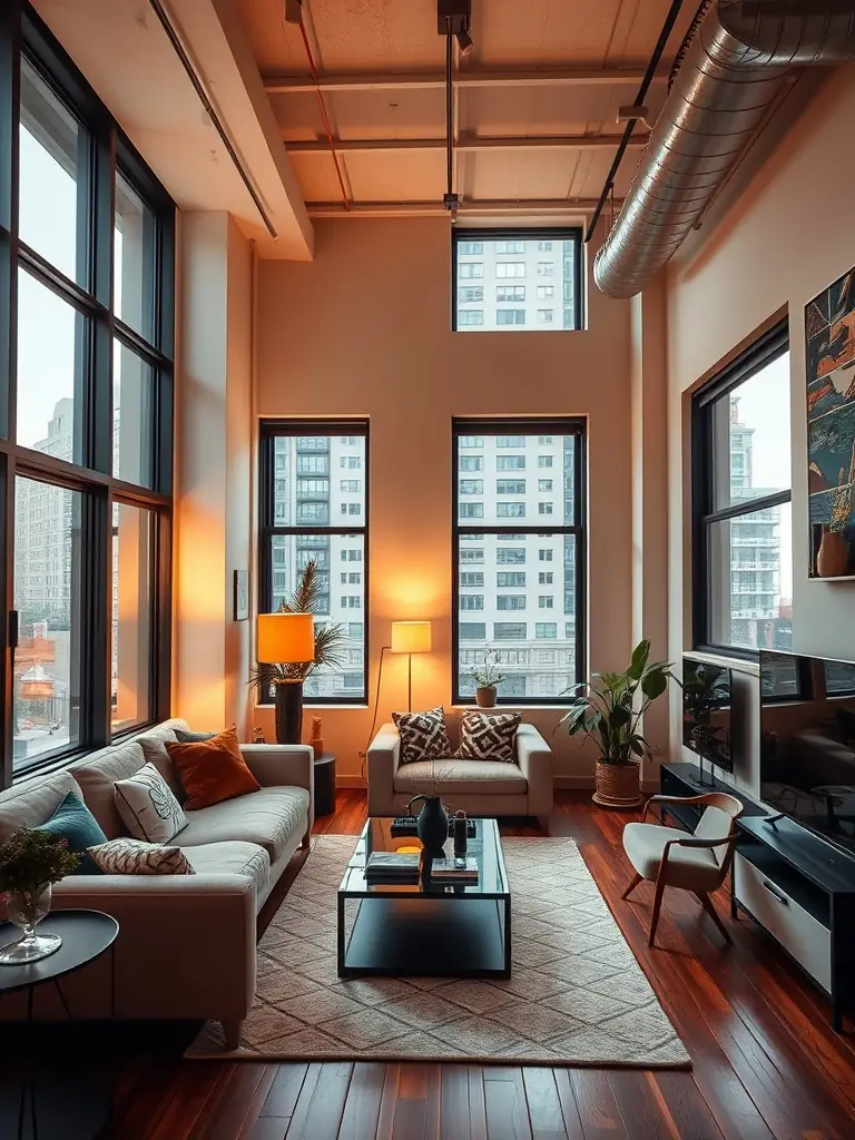 A modern apartment interior with a minimalist design, featuring a comfortable living area with a view of a cityscape at dusk. The lighting is soft and inviting, creating a relaxing atmosphere.