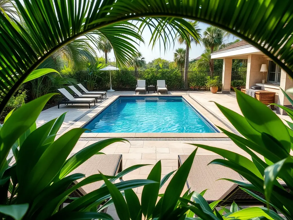 A scenic view of a property with a private pool, outdoor seating, and lush landscaping, showcasing the outdoor features of a premium rental property.