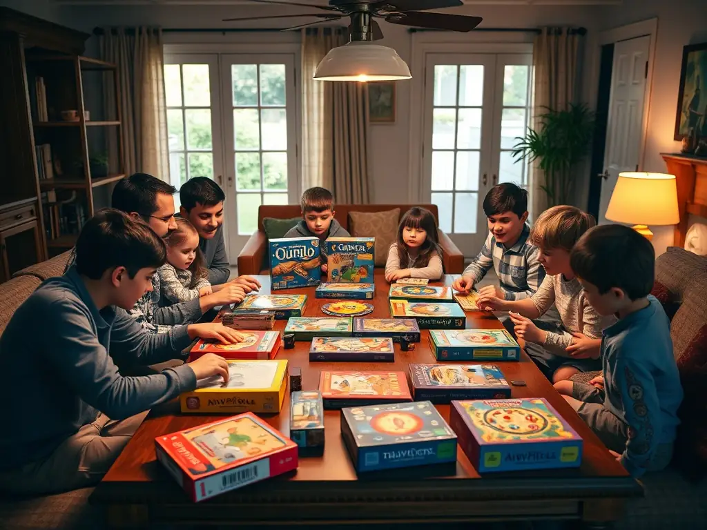 A bright and cheerful image of a family playing board games in the living room of a rental property, showcasing the spaciousness and family-friendly atmosphere. The room is well-lit with comfortable furniture and a cozy fireplace.